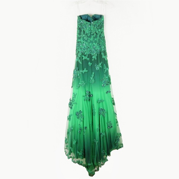 Vintage Y2k Strapless Floral Emroirdered Lace Mesh Maxi Long Train Green Dress - Picture 5 of 5